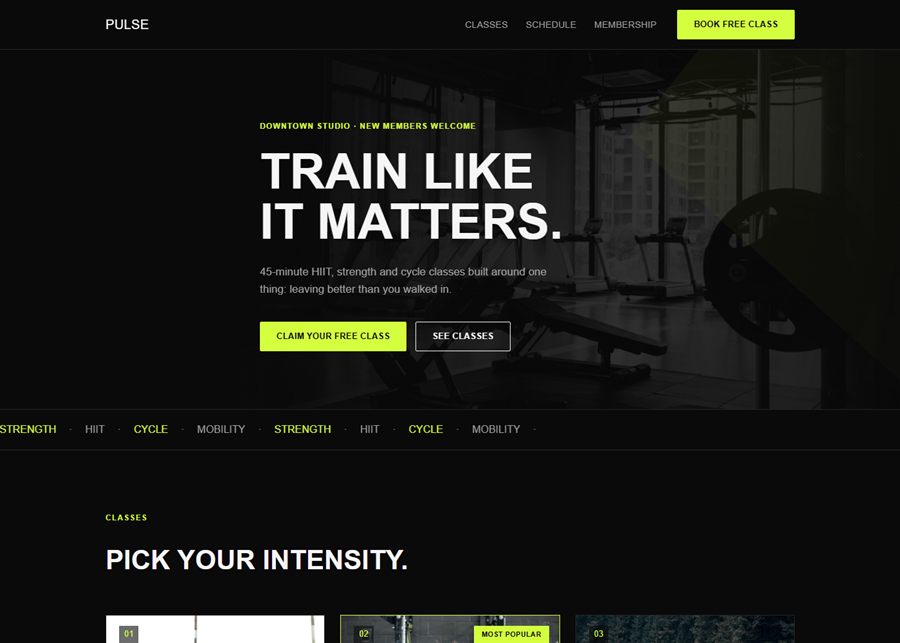 Screenshot of the Pulse fitness studio landing page